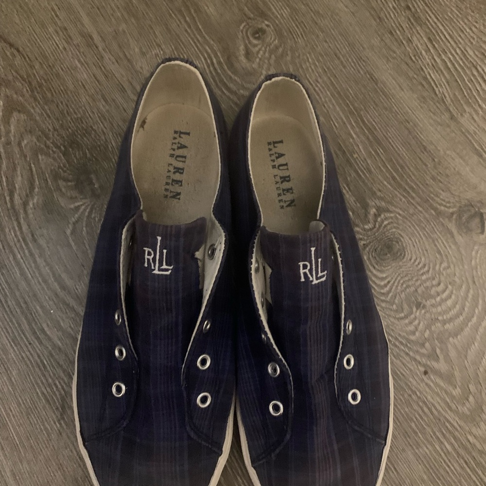 Ralph Lauren Navy Plaid Slip-On Sneakers with RLL Embroidery